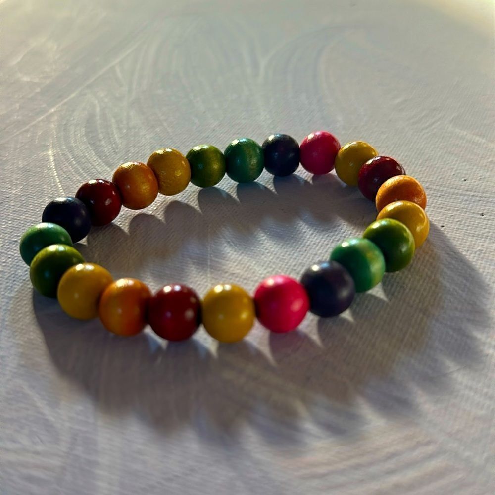 Free People Wood Beaded Bracelet Rainbow of Colors on Elastic Band